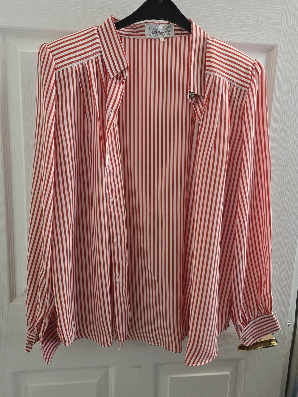 Striped Red & White Button-Front Blouse by Mermaid